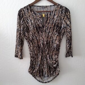 Clearance! LN!Vince Camuto Black and Tan Abstract Long Sleeve Runched Blouse